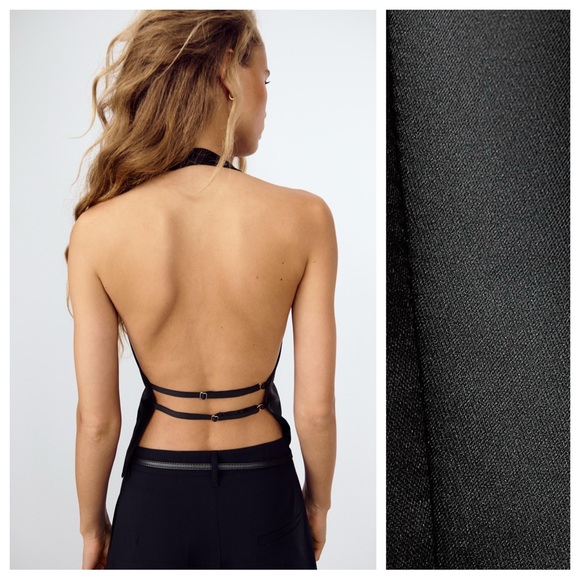 Zara Black Satin Backless Halter Top - Picture 5 of 12